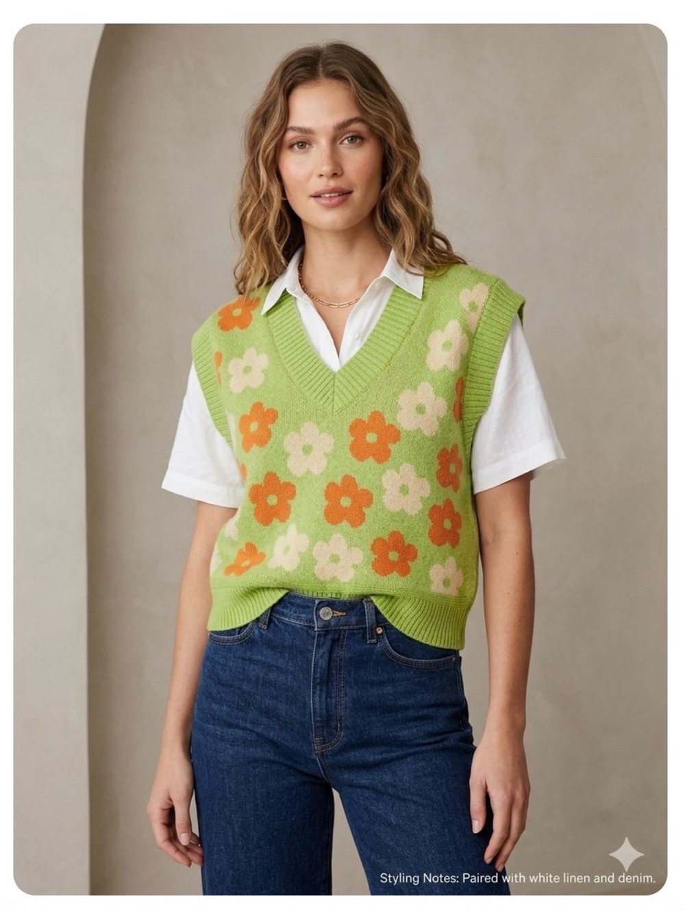 Zara Lime Green Floral V-Neck Sweater Vest with Orange and Cream Flowers